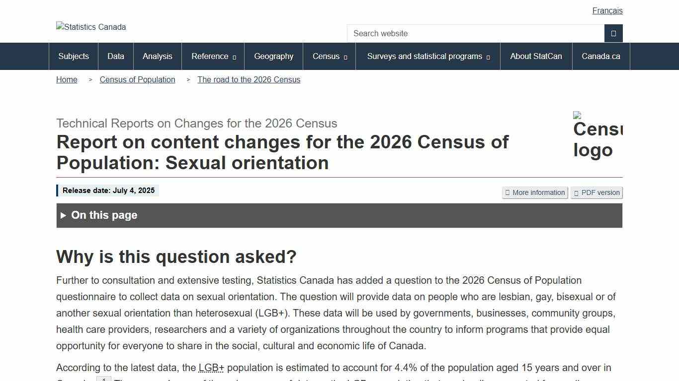 Report on content changes for the 2026 Census of Population: Sexual orientation