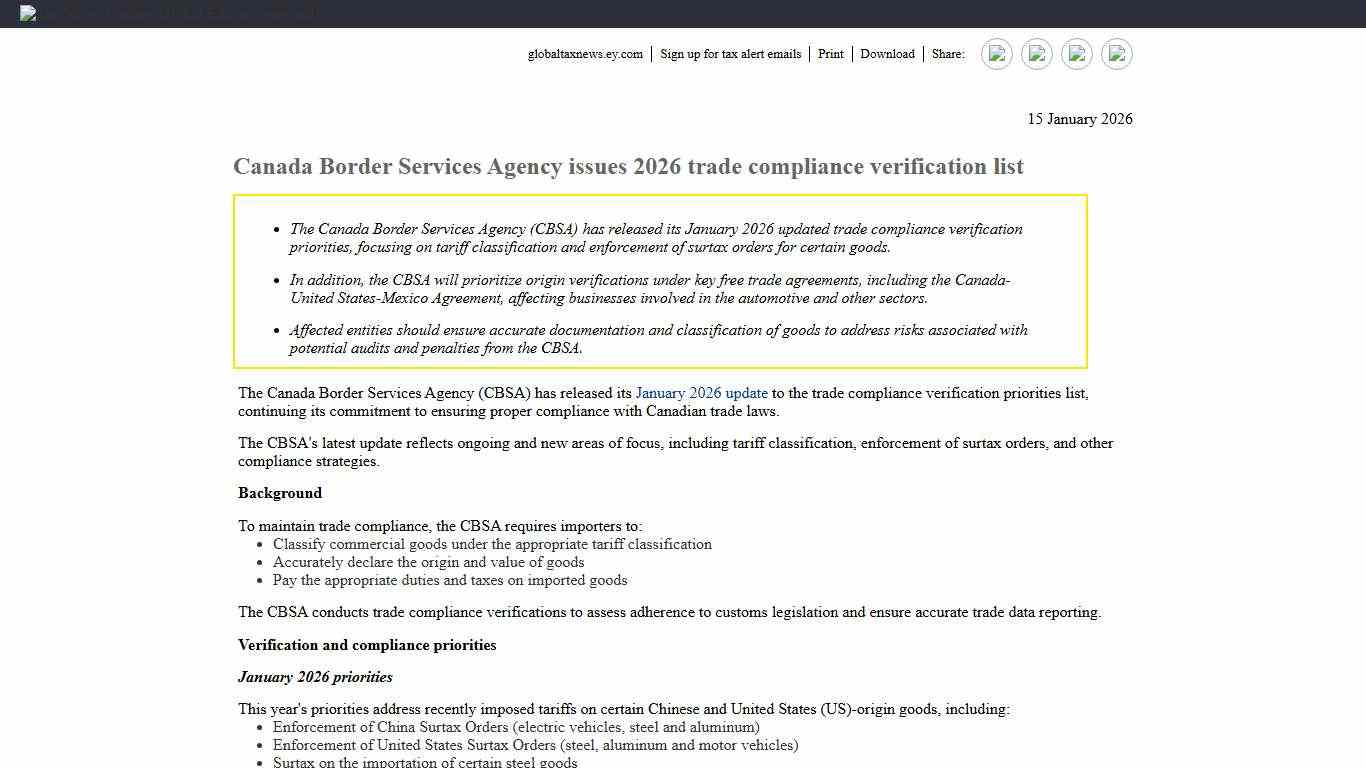 Canada Border Services Agency issues 2026 trade compliance verification list